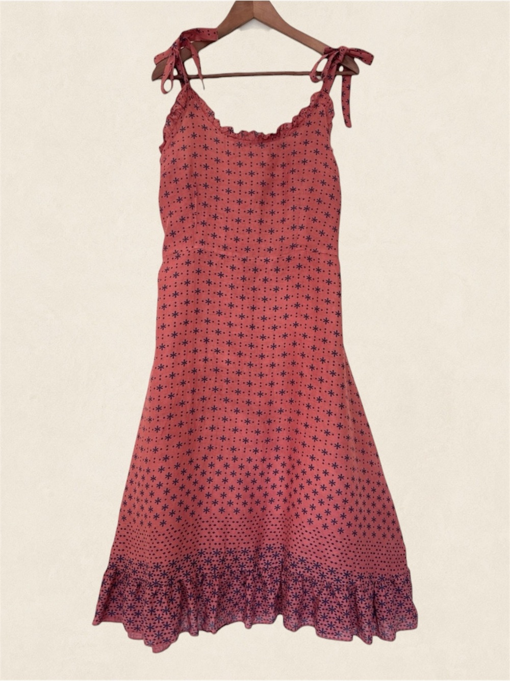 Valentina Naldi Linen Dress L Made in Italy Coral Floral Ruffle Midi